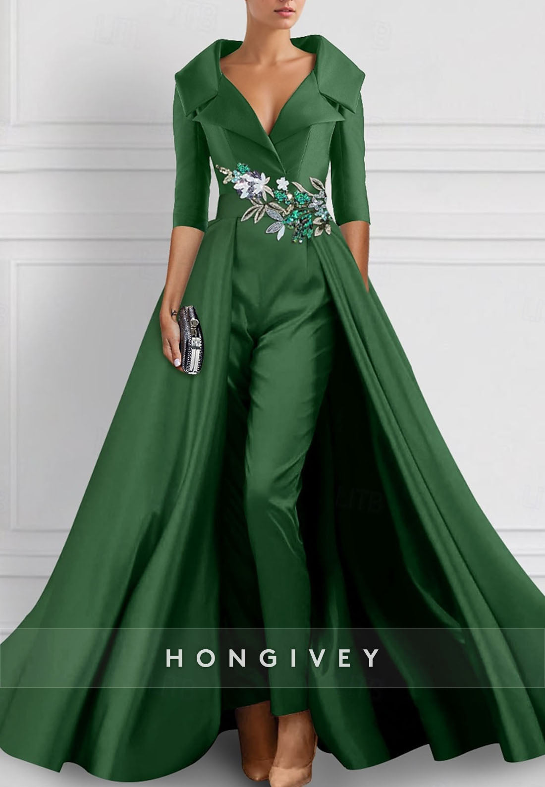 Jumpsuit V Neck Satin Watteau Train Half Sleeve Appliqued Evening Gown