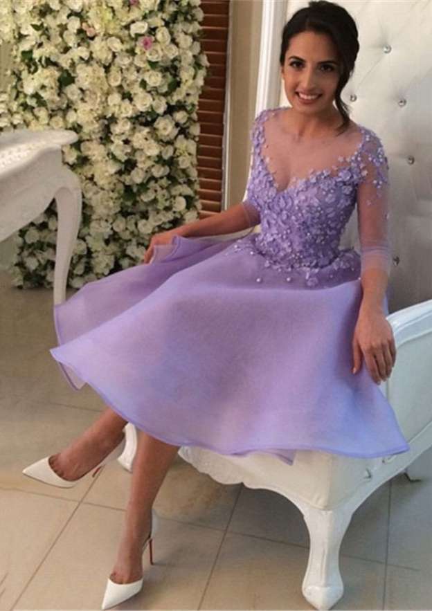 Appliqued Elegant A-line/Princess Bateau Knee Length Organza Cocktail Dress - Fashionpara