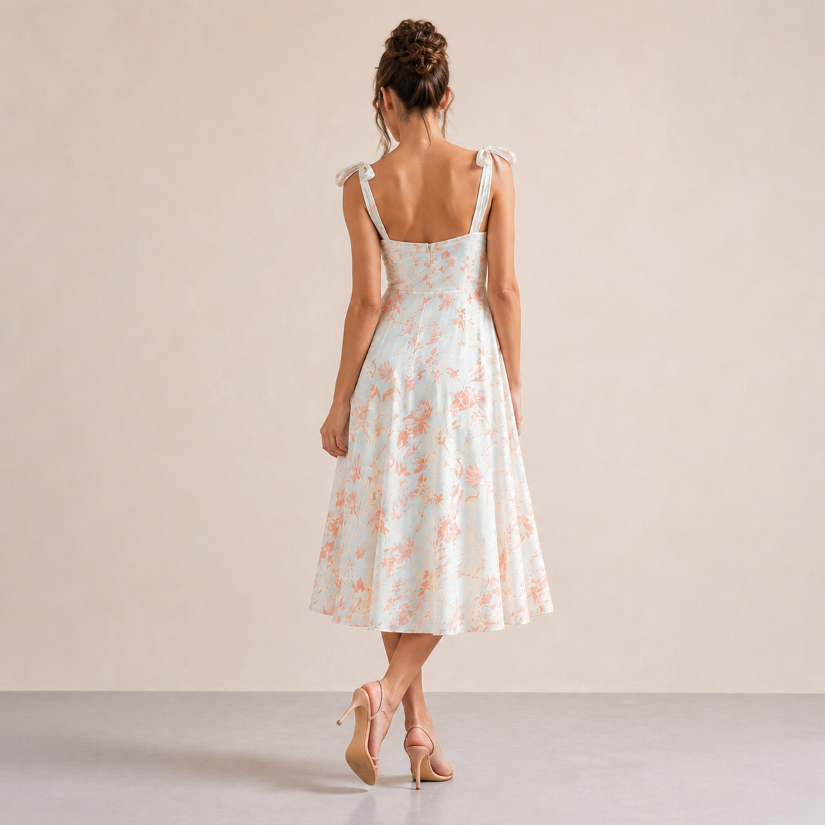 Floral Tie Strap Sweetheart Fit and Flare Midi Dress 6