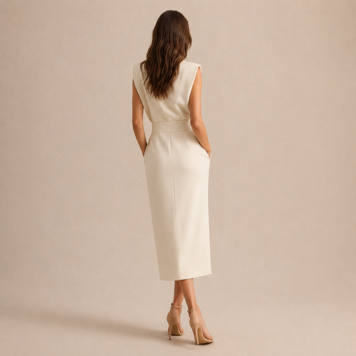 Round Neck Shoulder Pad Button Front Split Midi Dress 9