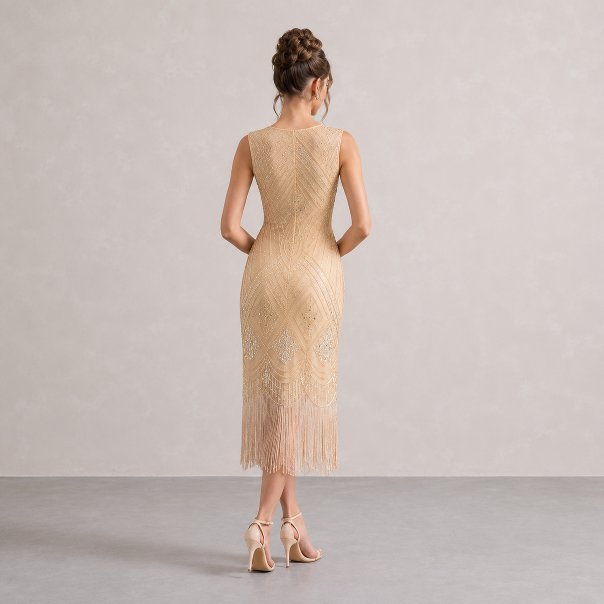 Beaded Fringe Hem V-Neck Flapper Midi Dress 3