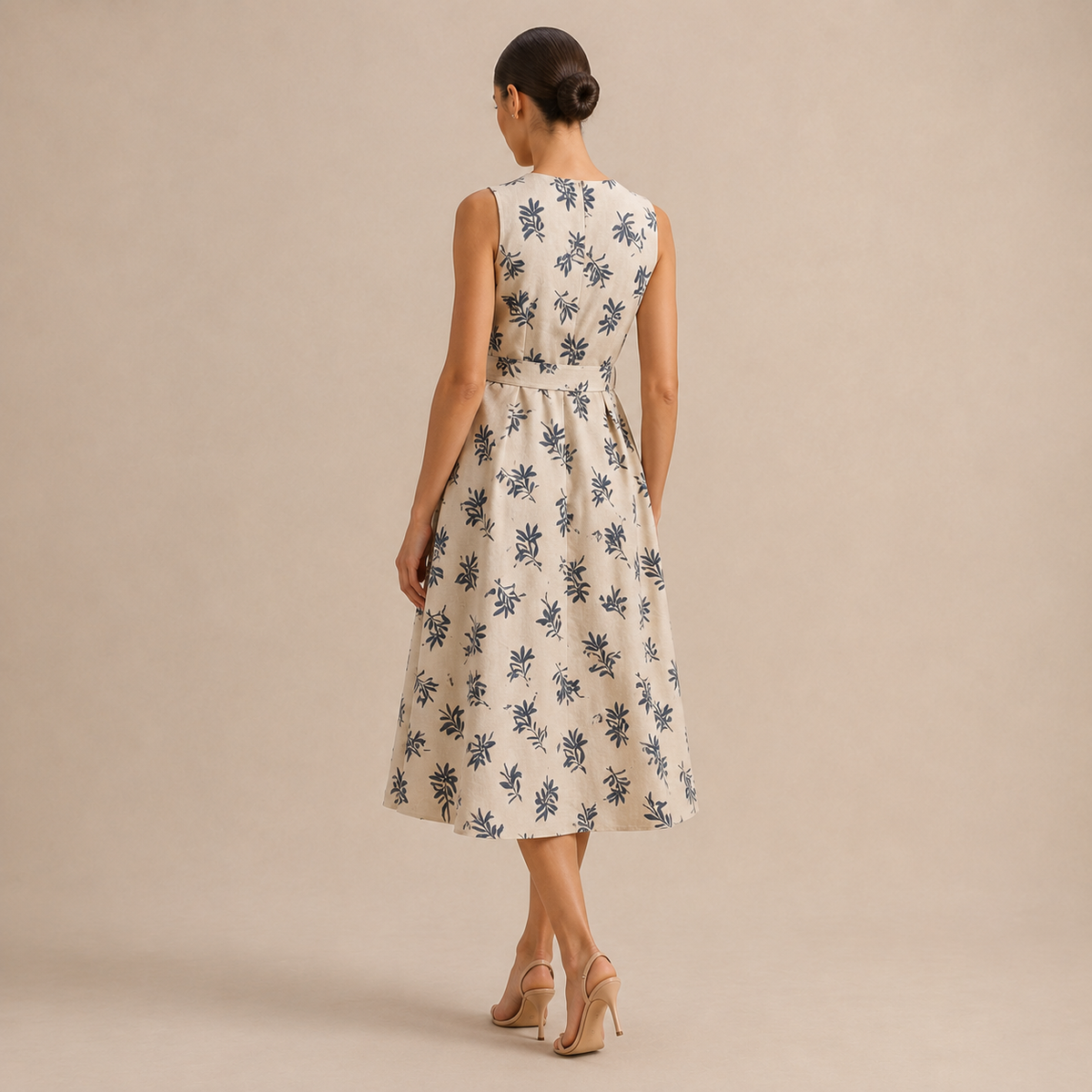 Leaf Print Sleeveless Tie Waist A-Line Midi Dress 3
