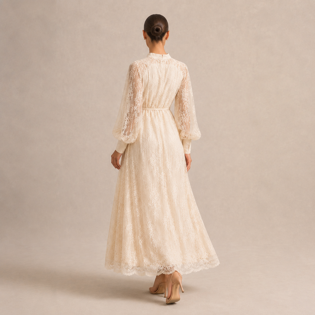 Lace Long Sleeve Button Front Belted Maxi Dress 15