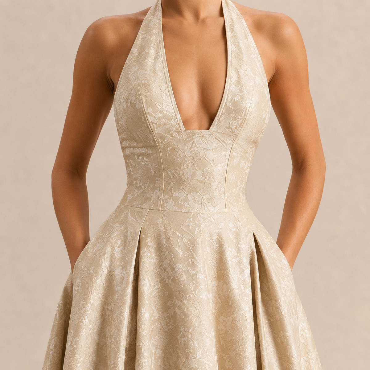 Floral Jacquard Halter Deep V-Neck Fit and Flare Midi Dress 2
