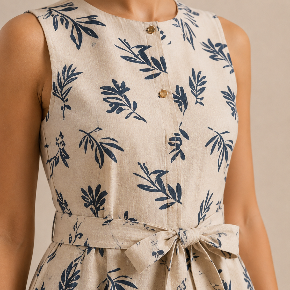 Leaf Print Sleeveless Tie Waist A-Line Midi Dress 2