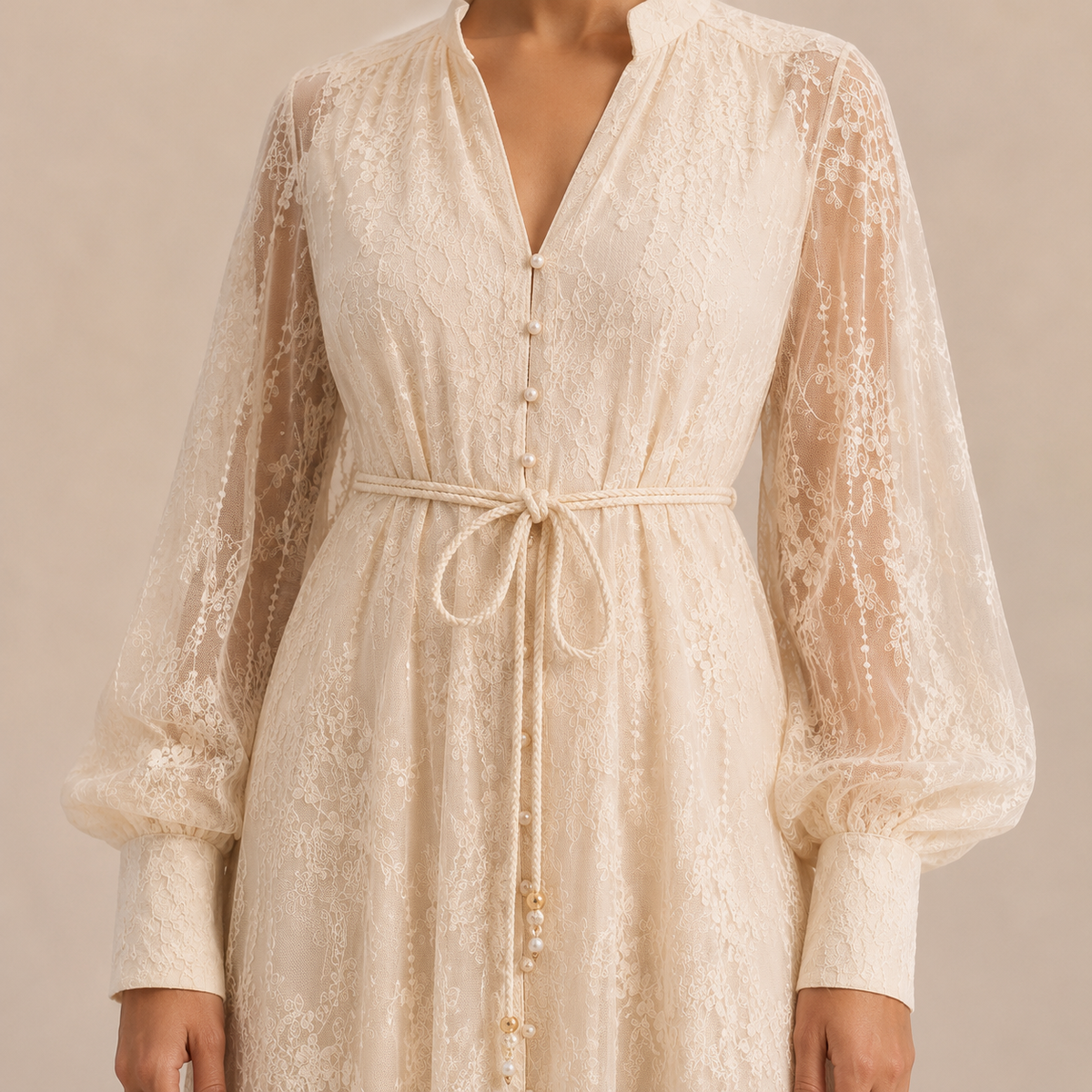 Lace Long Sleeve Button Front Belted Maxi Dress 14