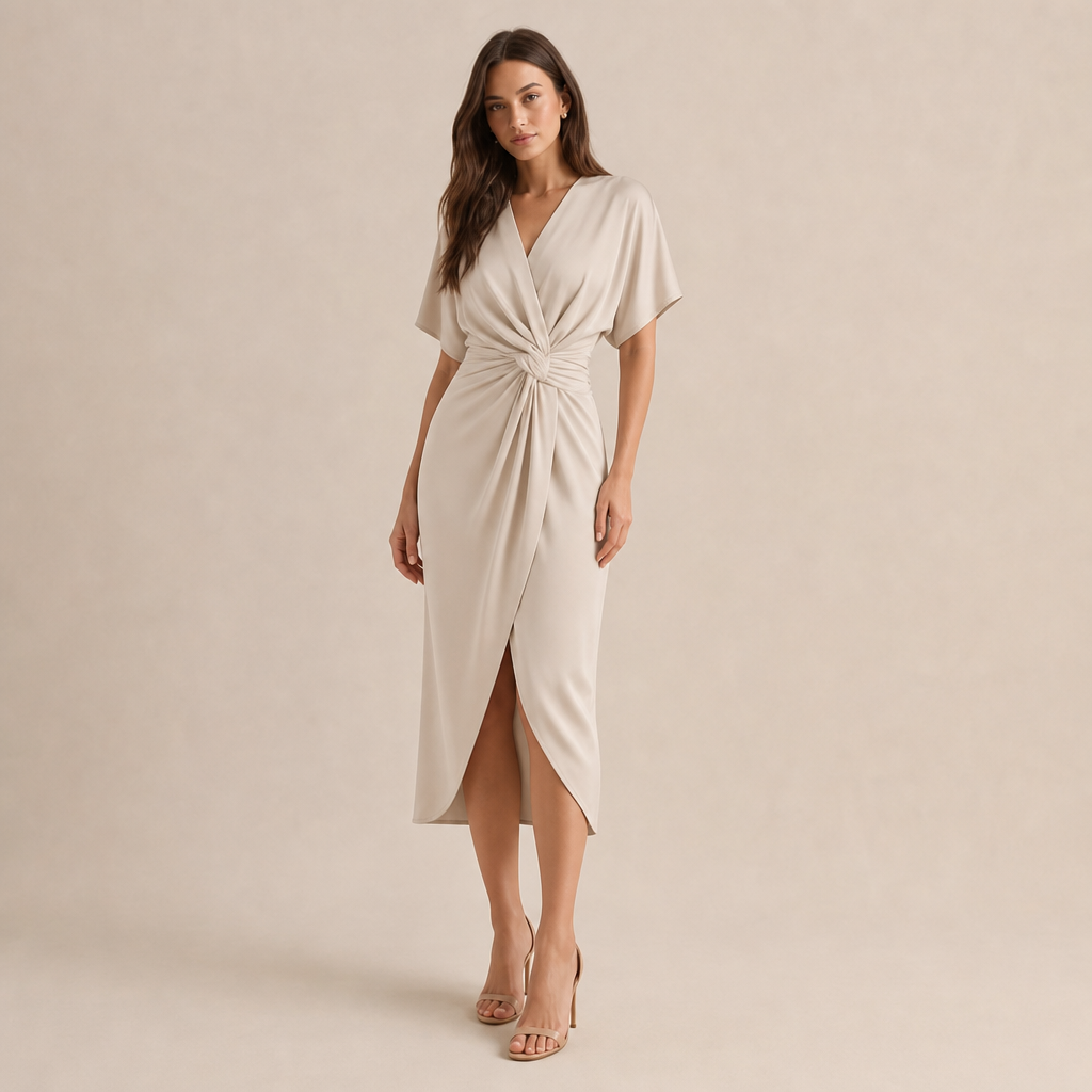V-Neck Kimono Sleeve Twist Front Wrap Midi Dress