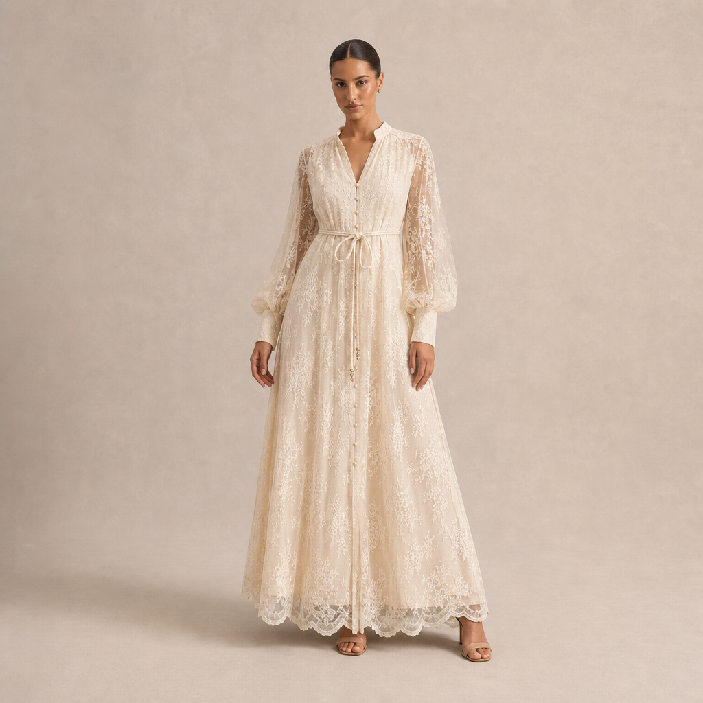 Lace Long Sleeve Button Front Belted Maxi Dress 13