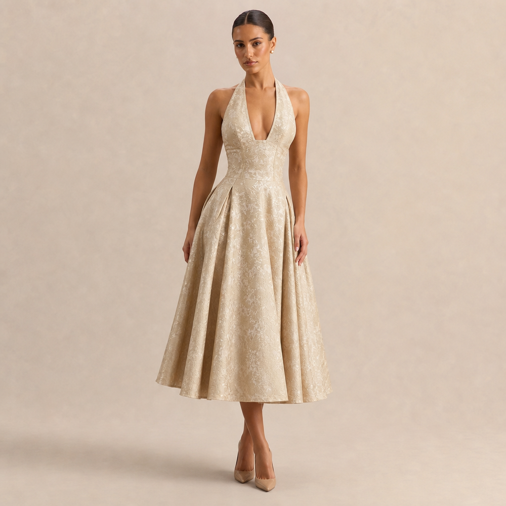Floral Jacquard Halter Deep V-Neck Fit and Flare Midi Dress