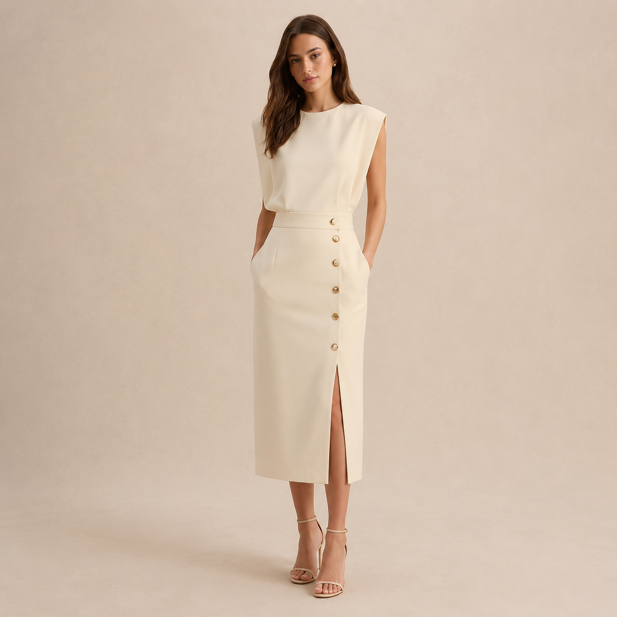 Round Neck Shoulder Pad Button Front Split Midi Dress 7