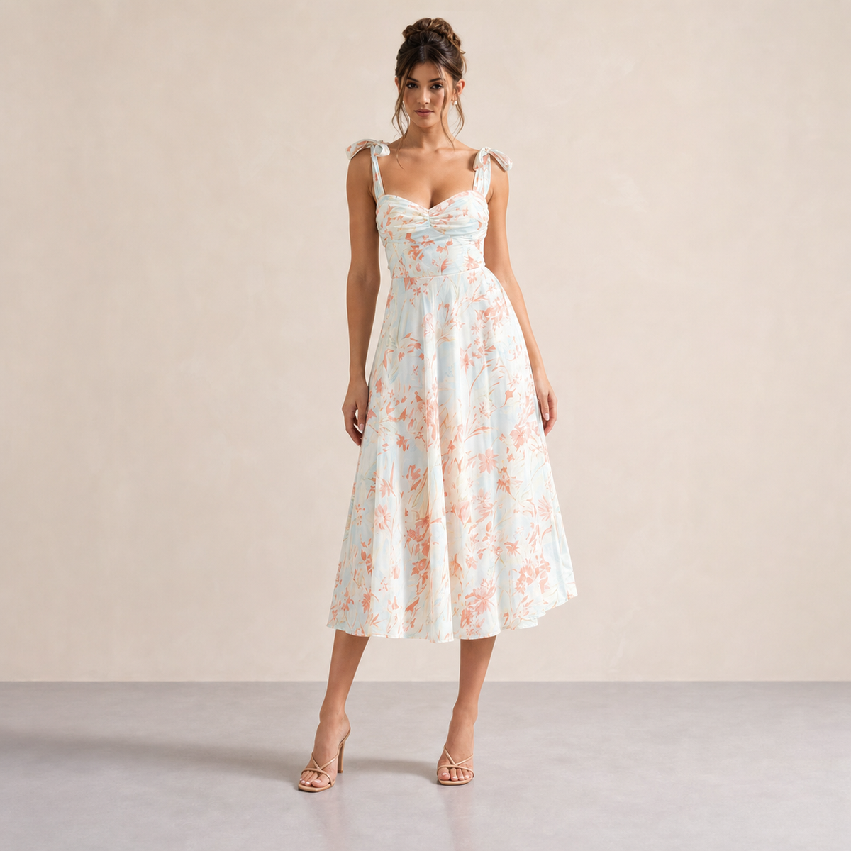 Floral Tie Strap Sweetheart Fit and Flare Midi Dress 4