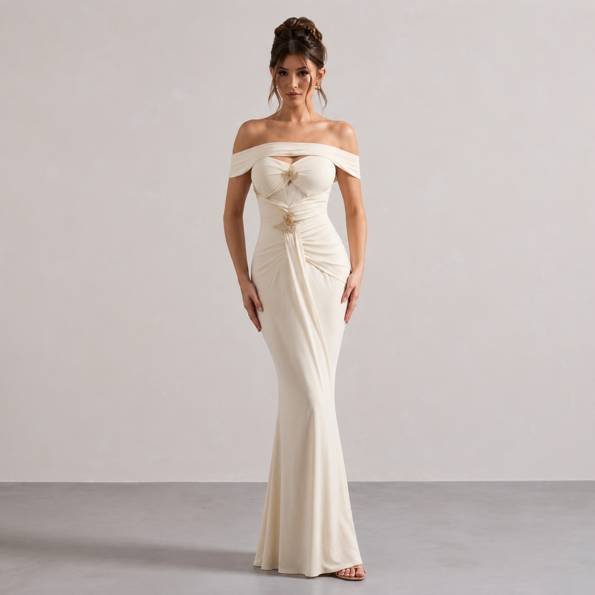 Off Shoulder Sweetheart Ruched Mermaid Maxi Gown