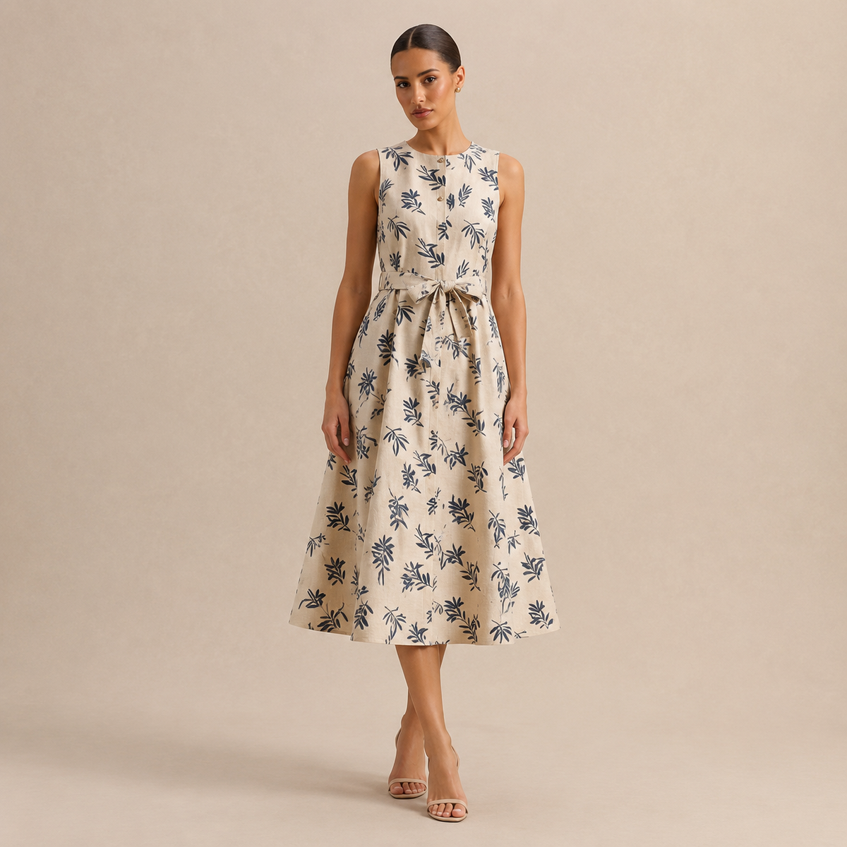 Leaf Print Sleeveless Tie Waist A-Line Midi Dress