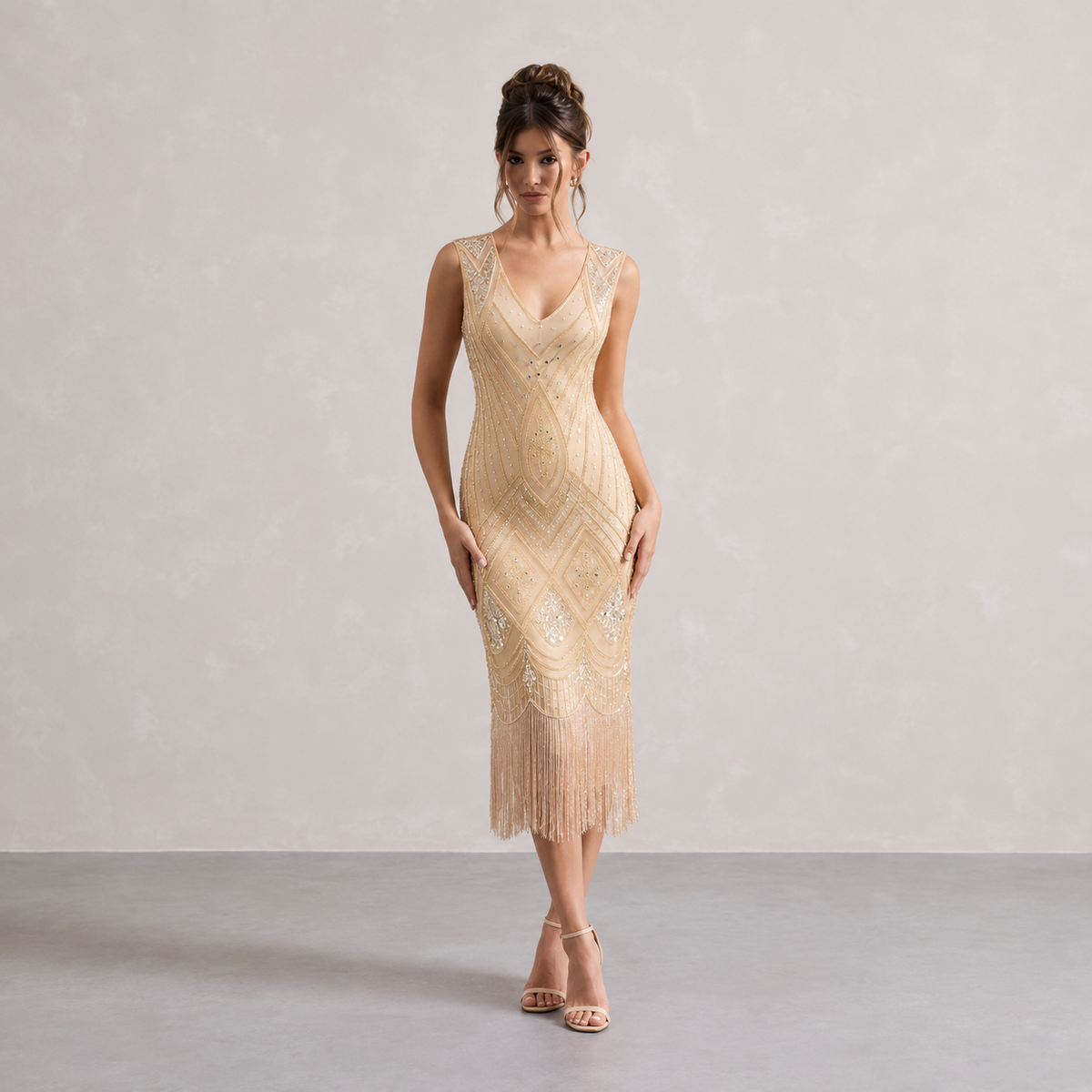 Beaded Fringe Hem V-Neck Flapper Midi Dress