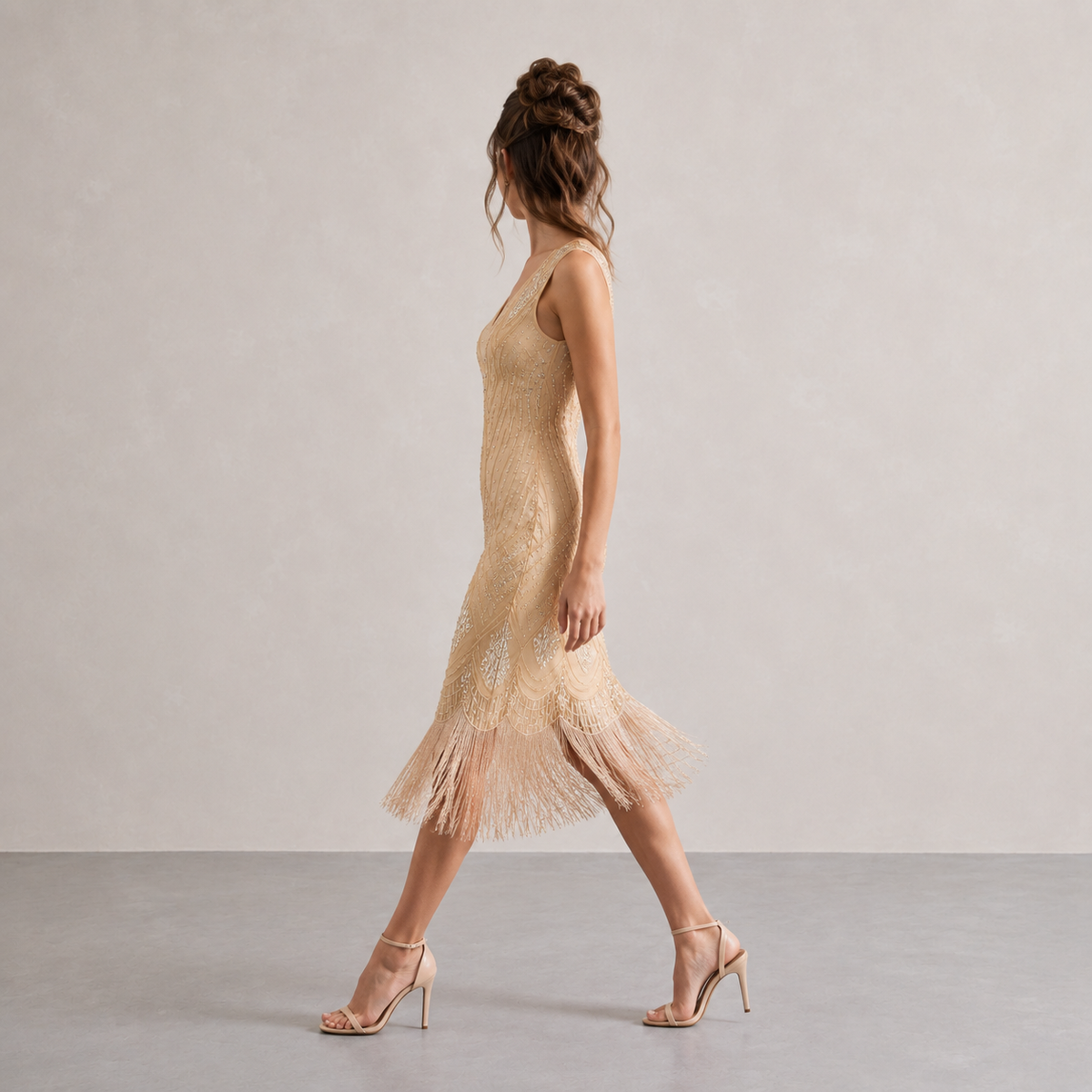 Beaded Fringe Hem V-Neck Flapper Midi Dress 4