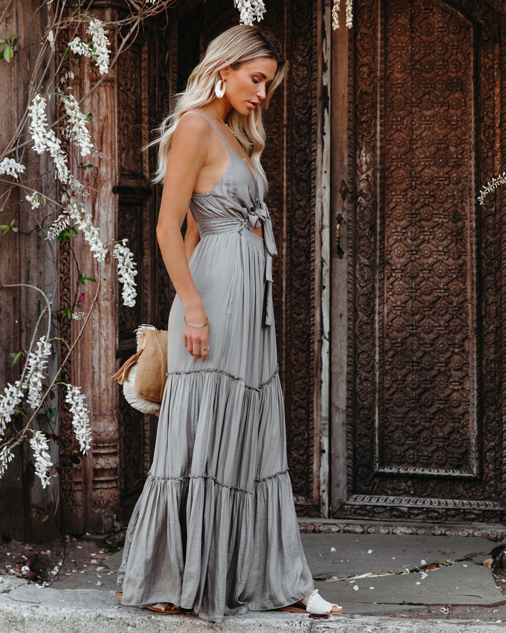V-Neck Tie Front Cutout Tiered Maxi Dress