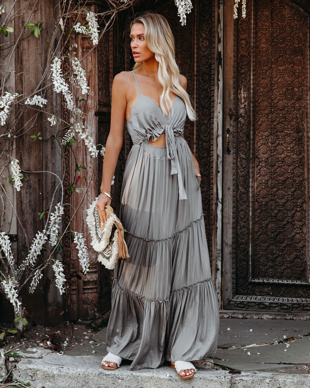 V-Neck Tie Front Cutout Tiered Maxi Dress