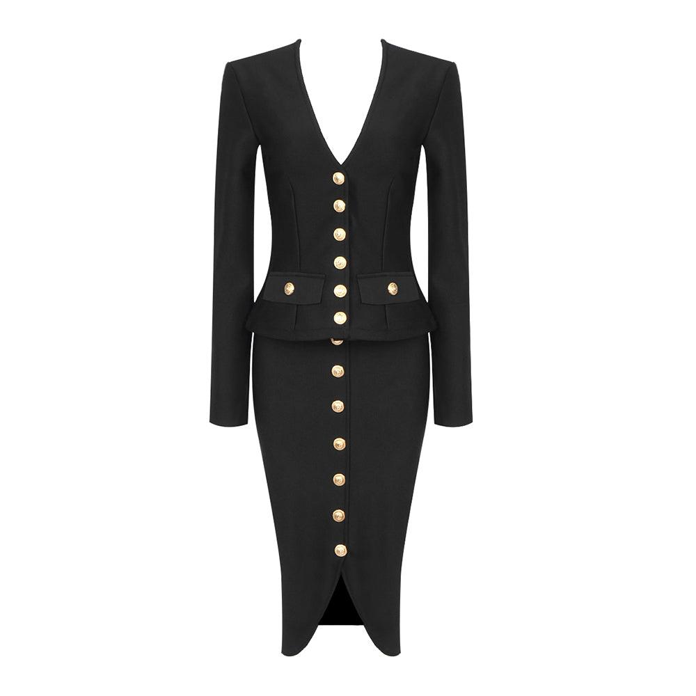 KittenAlarm - Arabella Long Sleeve Button Up Top & Front Slit Skirt Set