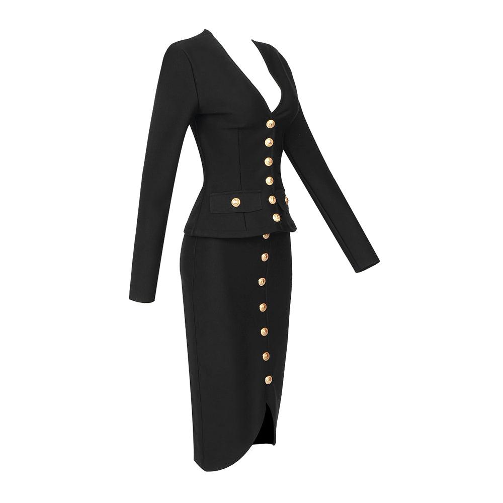 KittenAlarm - Arabella Long Sleeve Button Up Top & Front Slit Skirt Set