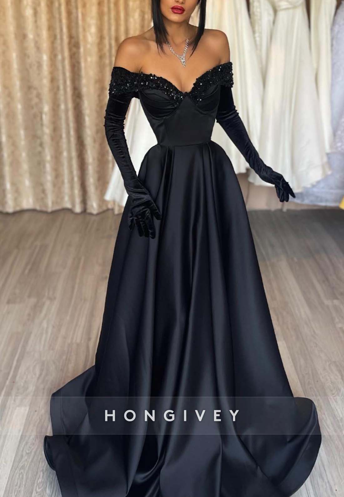 A-line V Neck Off the Shoulder Evening Gown Floor-Length Pleated Formal Dresses