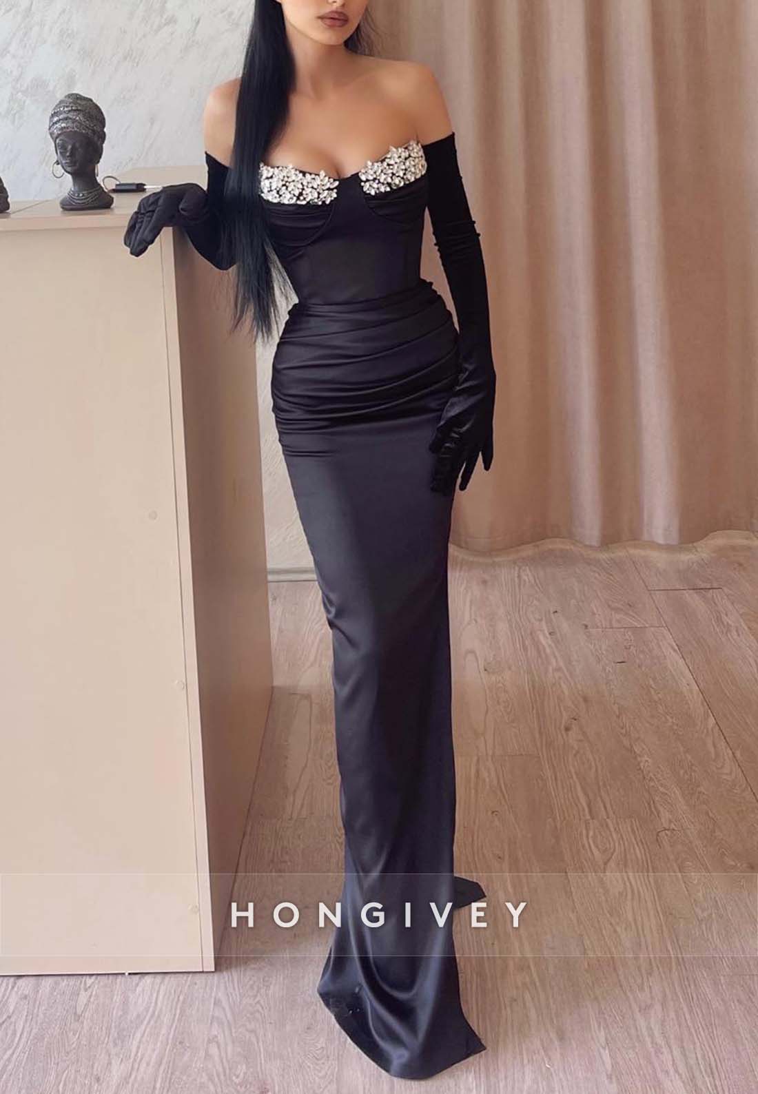 Floor-Length Pleated Off the Shoulder Long Sleeves Sheath Appliqued Evening Gown
