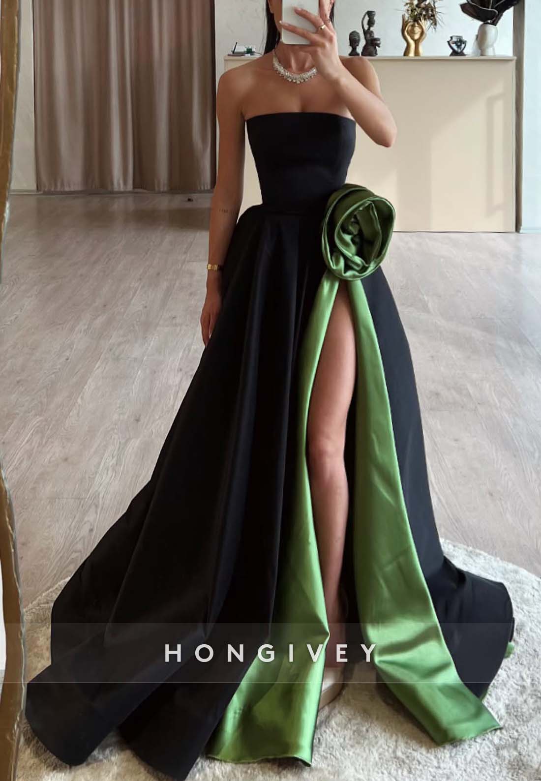 Princess Strapless High Slit Flower Pleated Sweep Train Satin Evening Gown