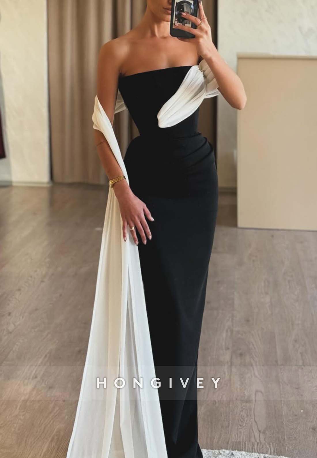 Strapless Pleated Shawl Low Back Side Draping Sheath Evening Gown