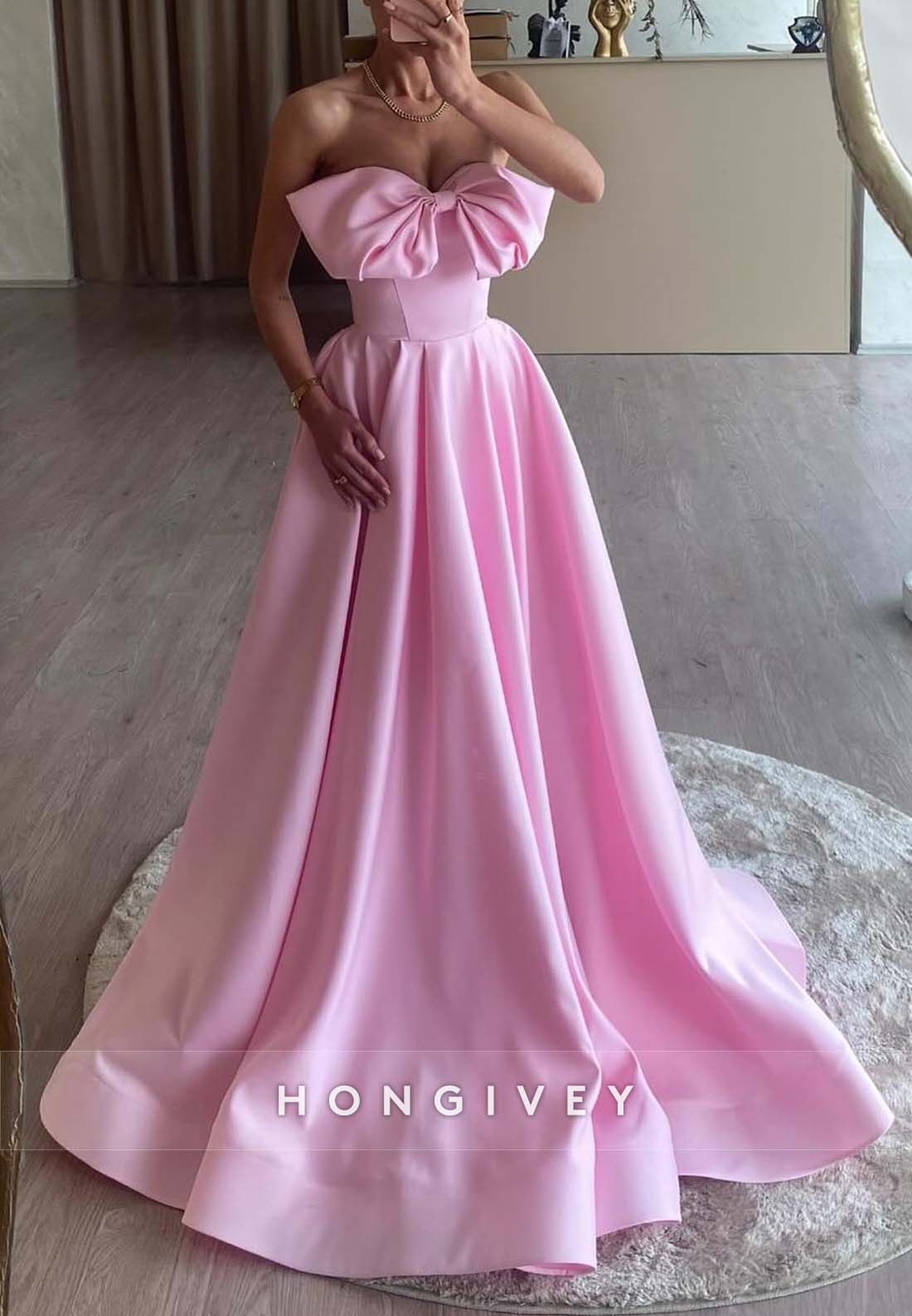 Bowknot Princess Strapless Pleated Sweep Train Satin Empire Evening Gown