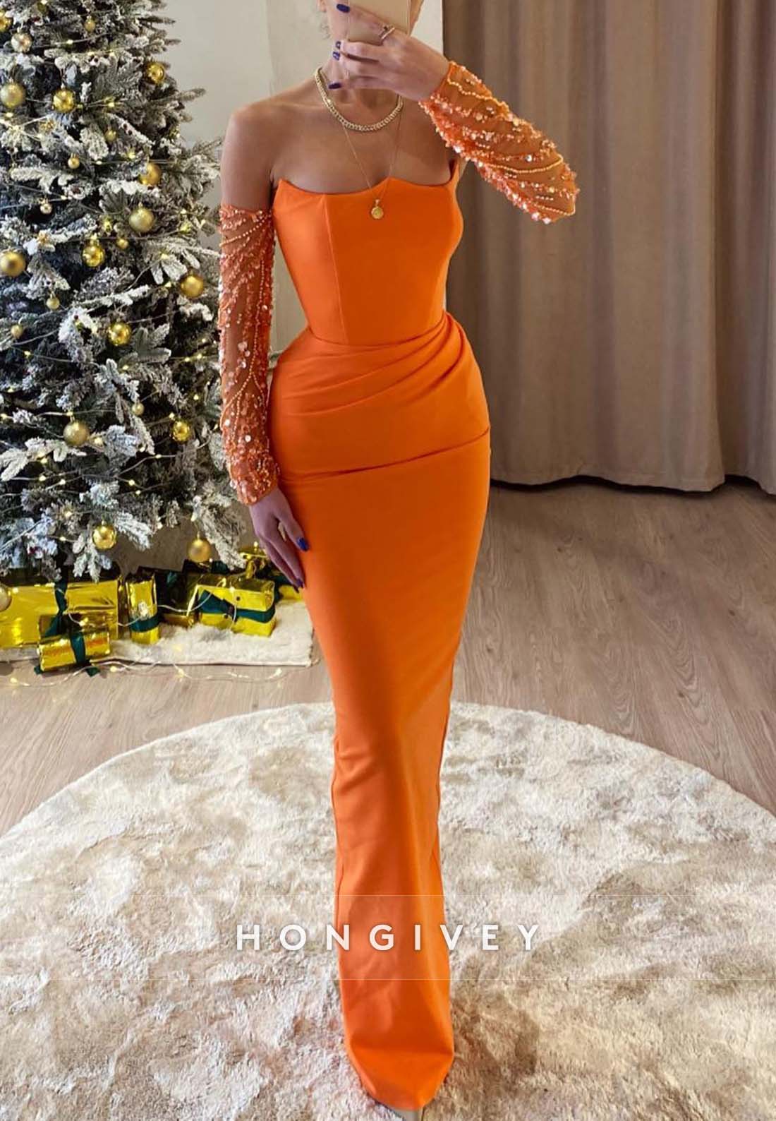 Off the Shoulder Floor-Length Sheath Formal Dresses Pleated Beading Evening Gown