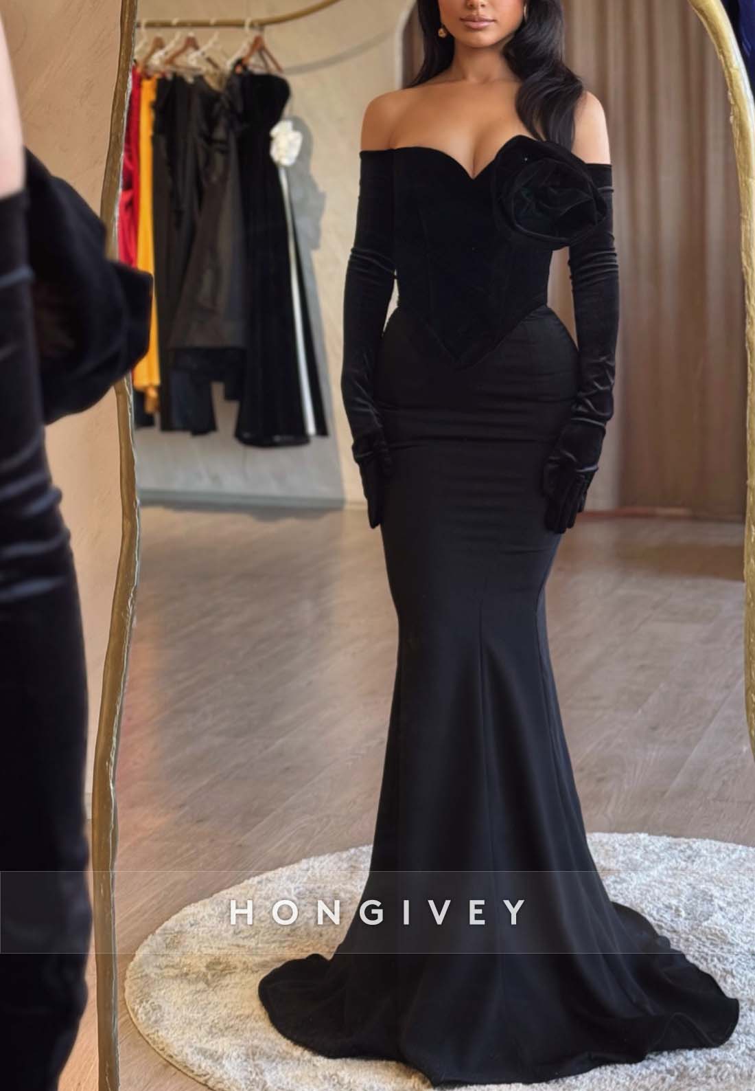 Long Sleeve Pleated Off the Shoulder Formal Dresses Floor-Length Mermaid Evening Gown