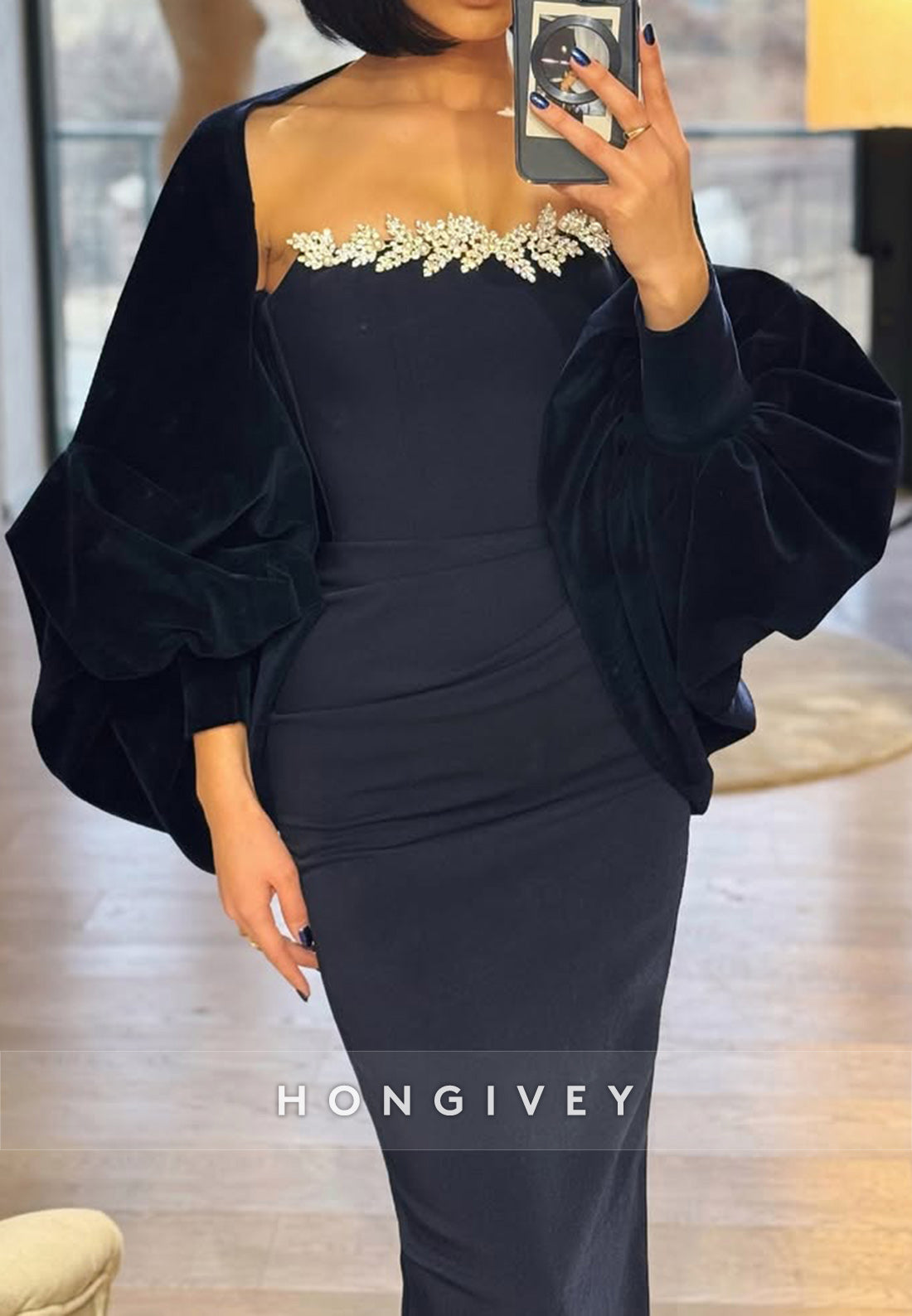 Women Two Piece Formal Outfits Beaded Strapless Fitted Sheath Evening Dress Black