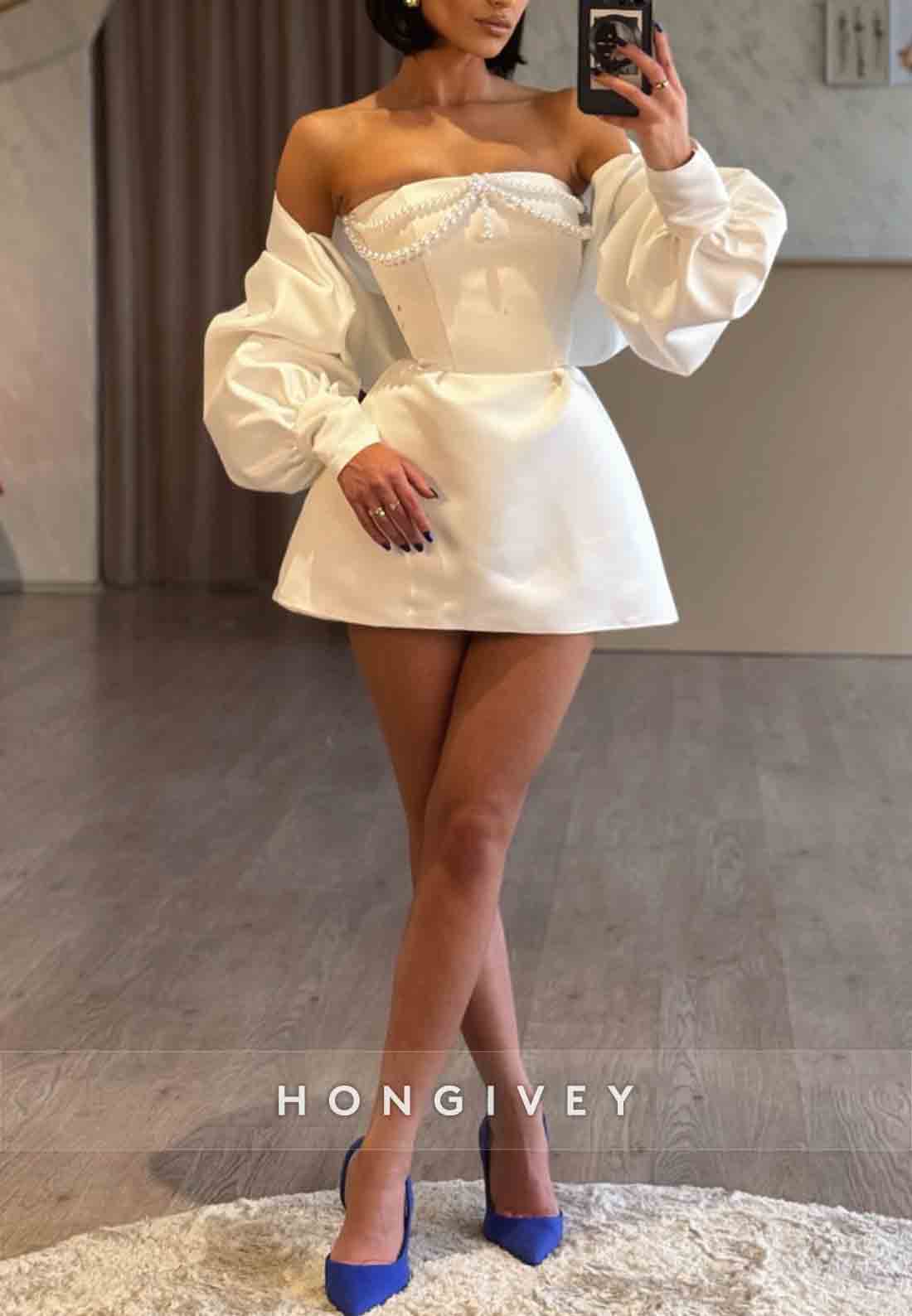 Off the Shoulder Long Sleeves Pearls Pleated A-Line Party Mini Homecoming Dresses