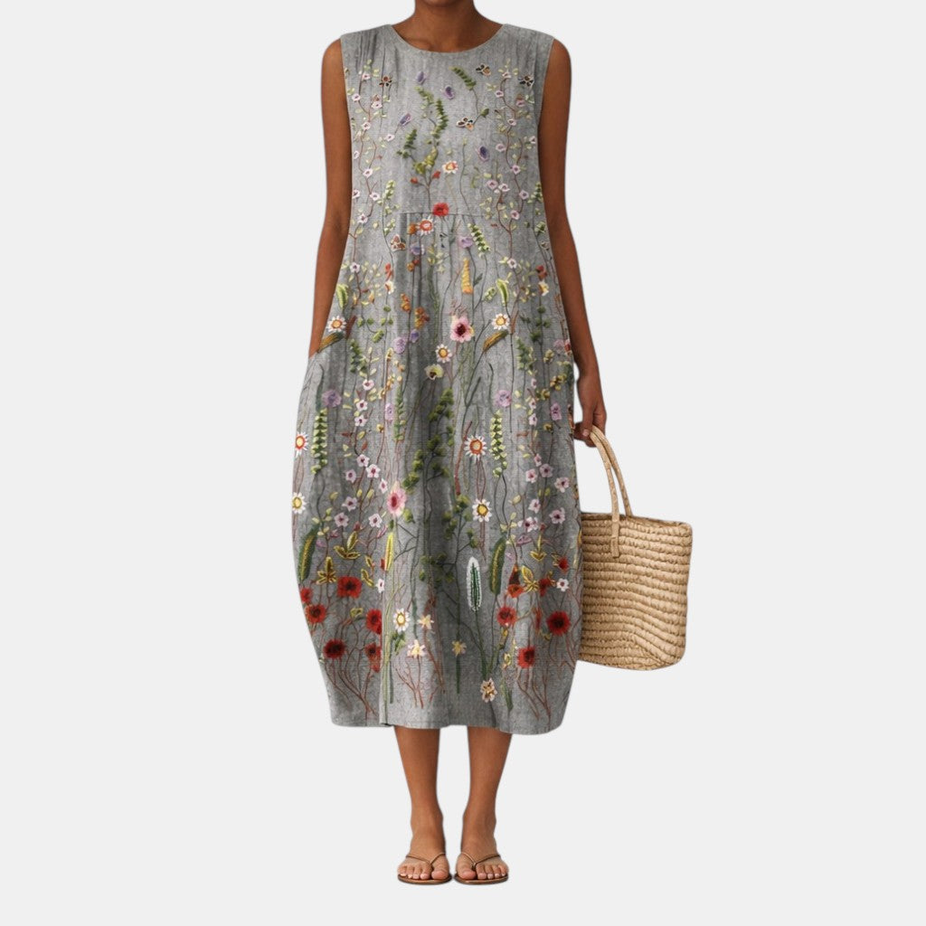 Botanical Floral Crew Neck Sleeveless Pocket Midi Dress 2