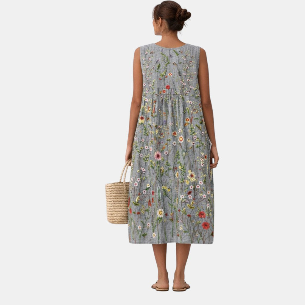Botanical Floral Crew Neck Sleeveless Pocket Midi Dress 3