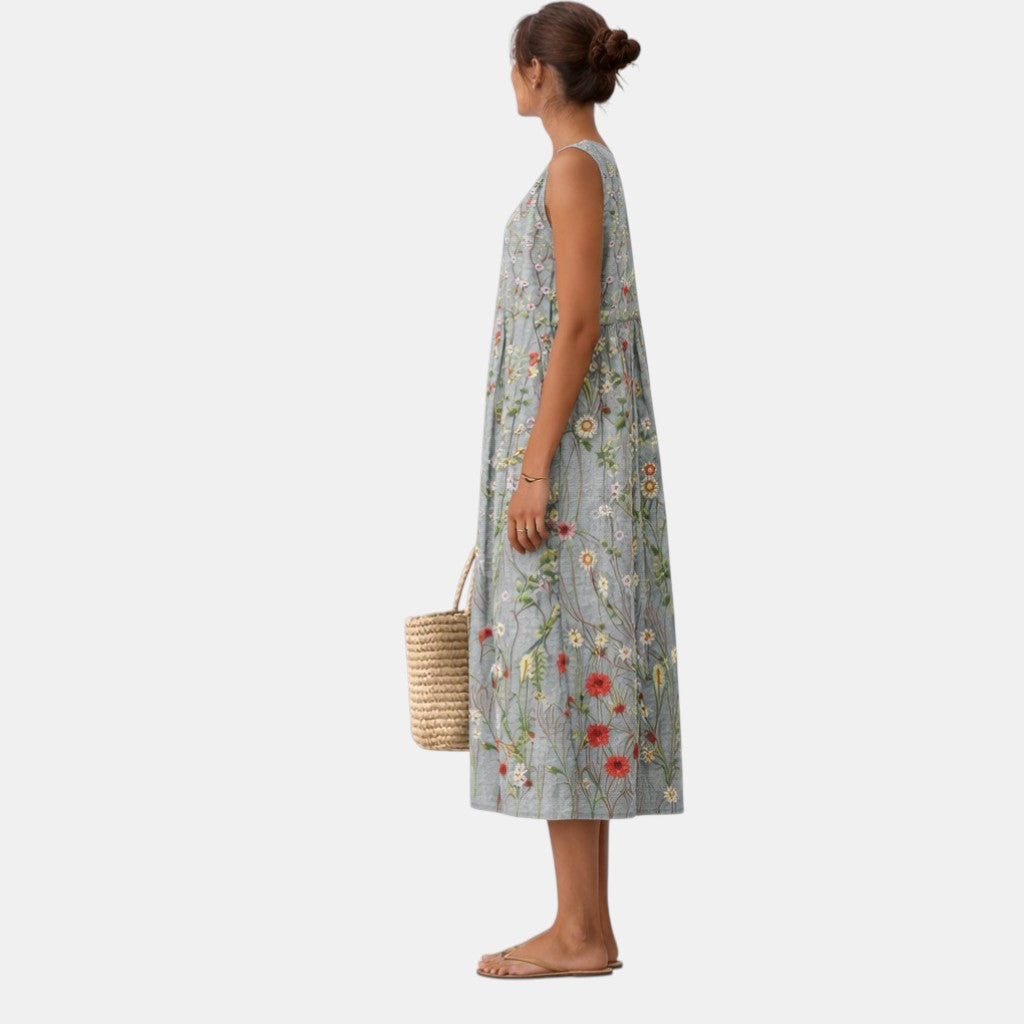 Botanical Floral Crew Neck Sleeveless Pocket Midi Dress 4