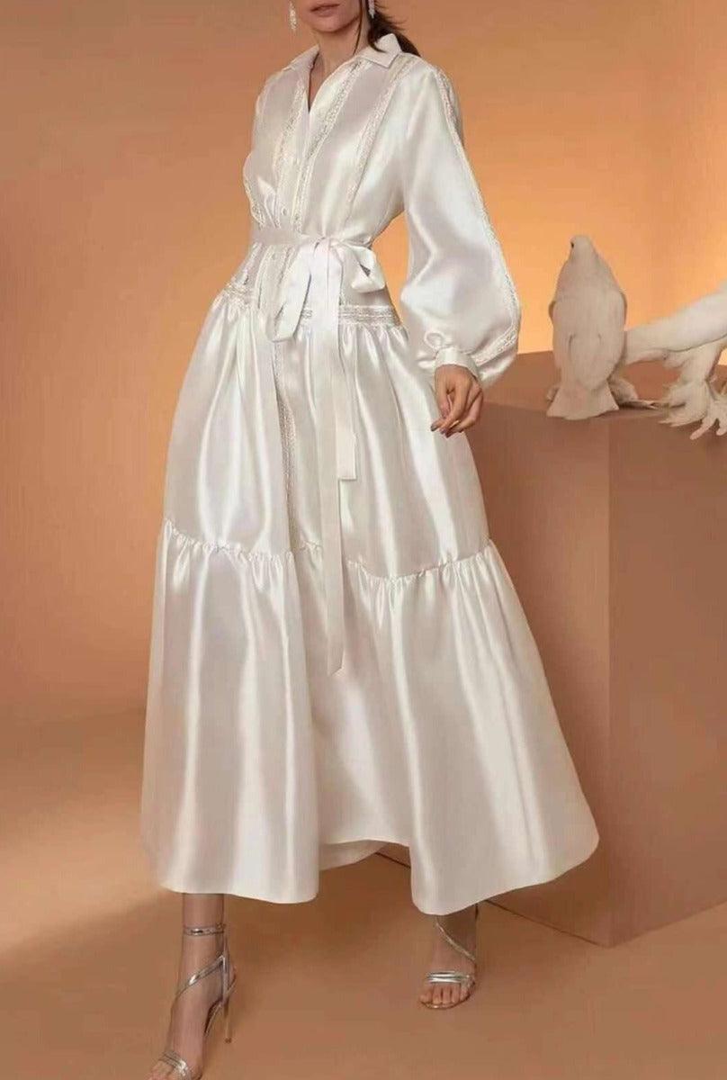 Satin Collared Long Sleeve Lace Trim Tiered Maxi Dress