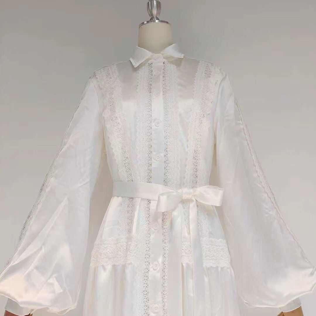 Satin Collared Long Sleeve Lace Trim Tiered Maxi Dress