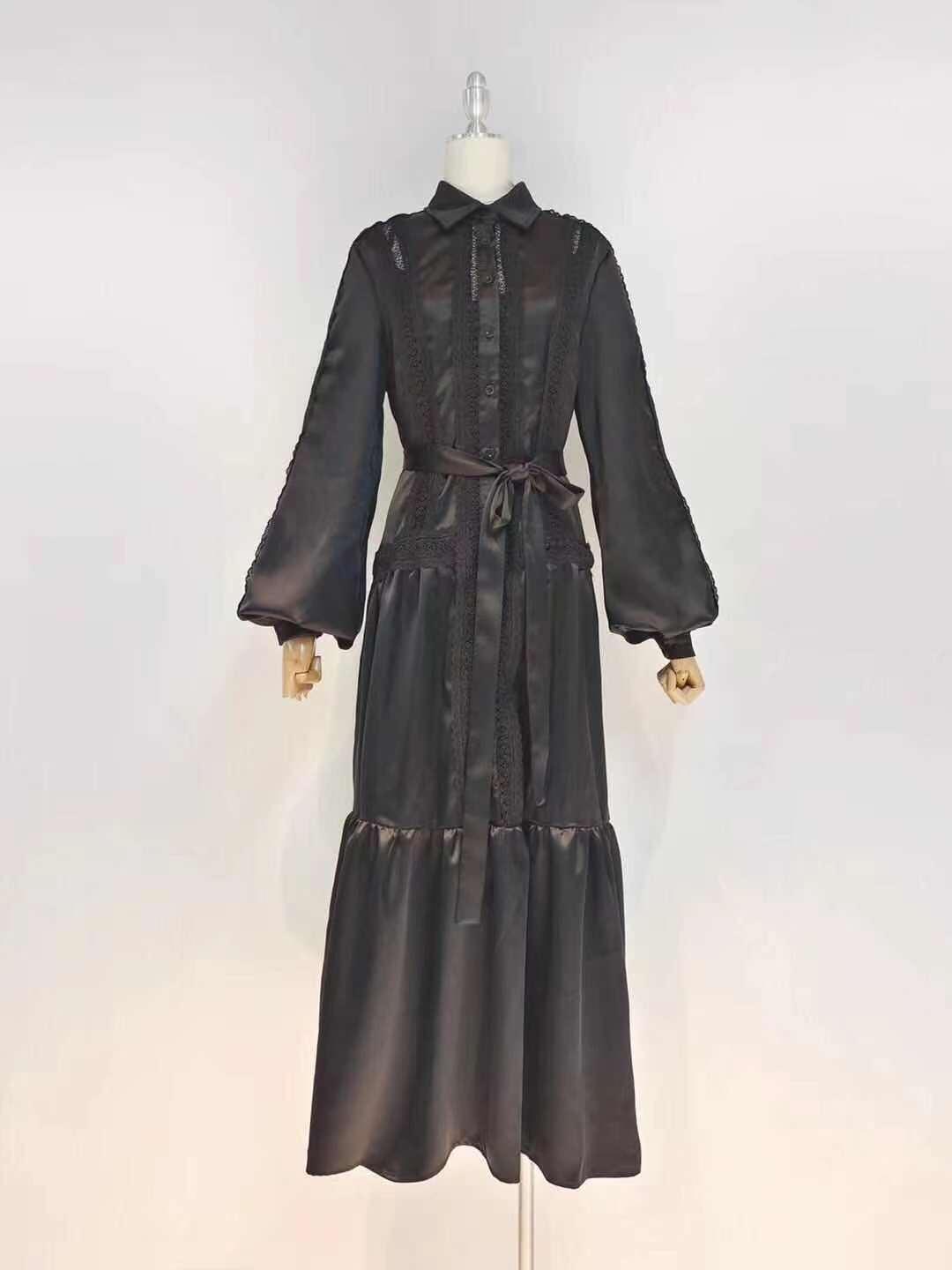 Satin Collared Long Sleeve Lace Trim Tiered Maxi Dress