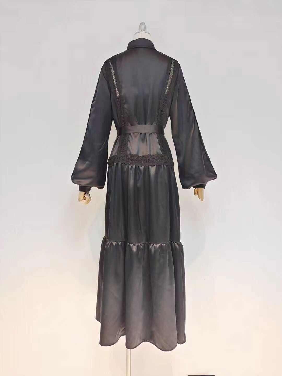 Satin Collared Long Sleeve Lace Trim Tiered Maxi Dress