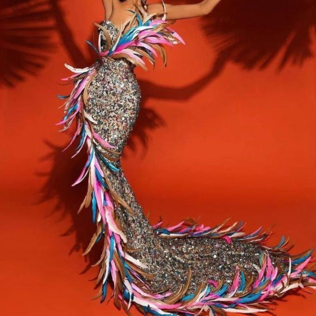 Arine Asymmetric Embellished Feather Trim Maxi Dress - Fashionpara