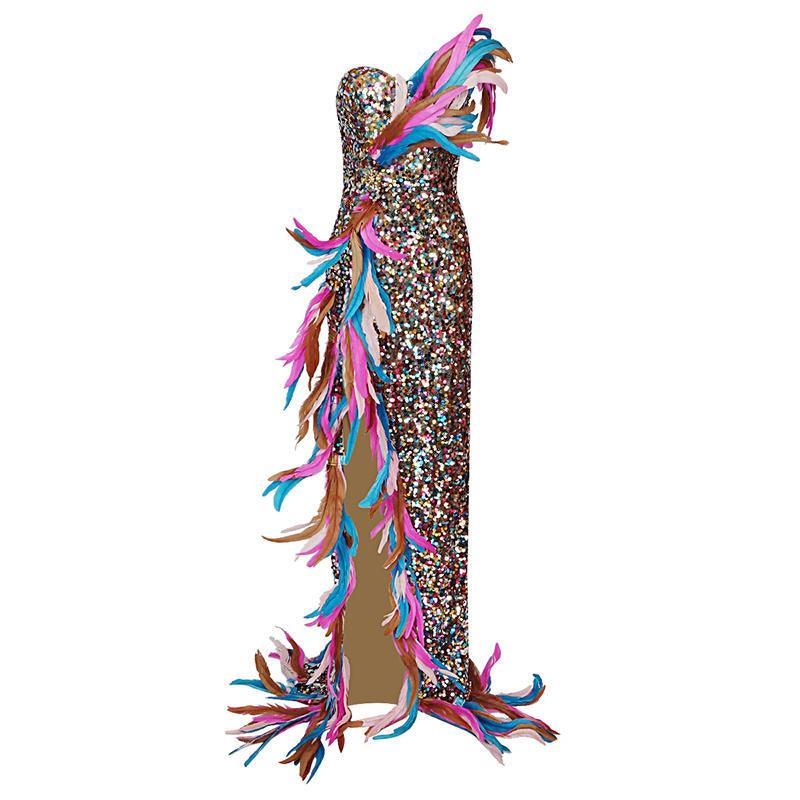 Arine Asymmetric Embellished Feather Trim Maxi Dress - Fashionpara