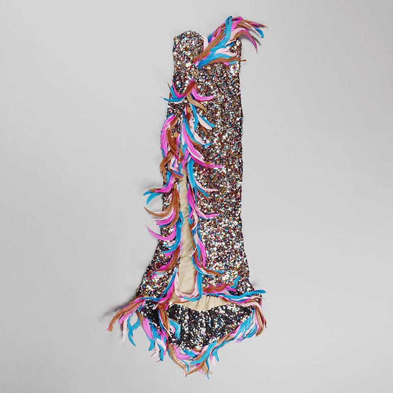 Arine Asymmetric Embellished Feather Trim Maxi Dress - Fashionpara