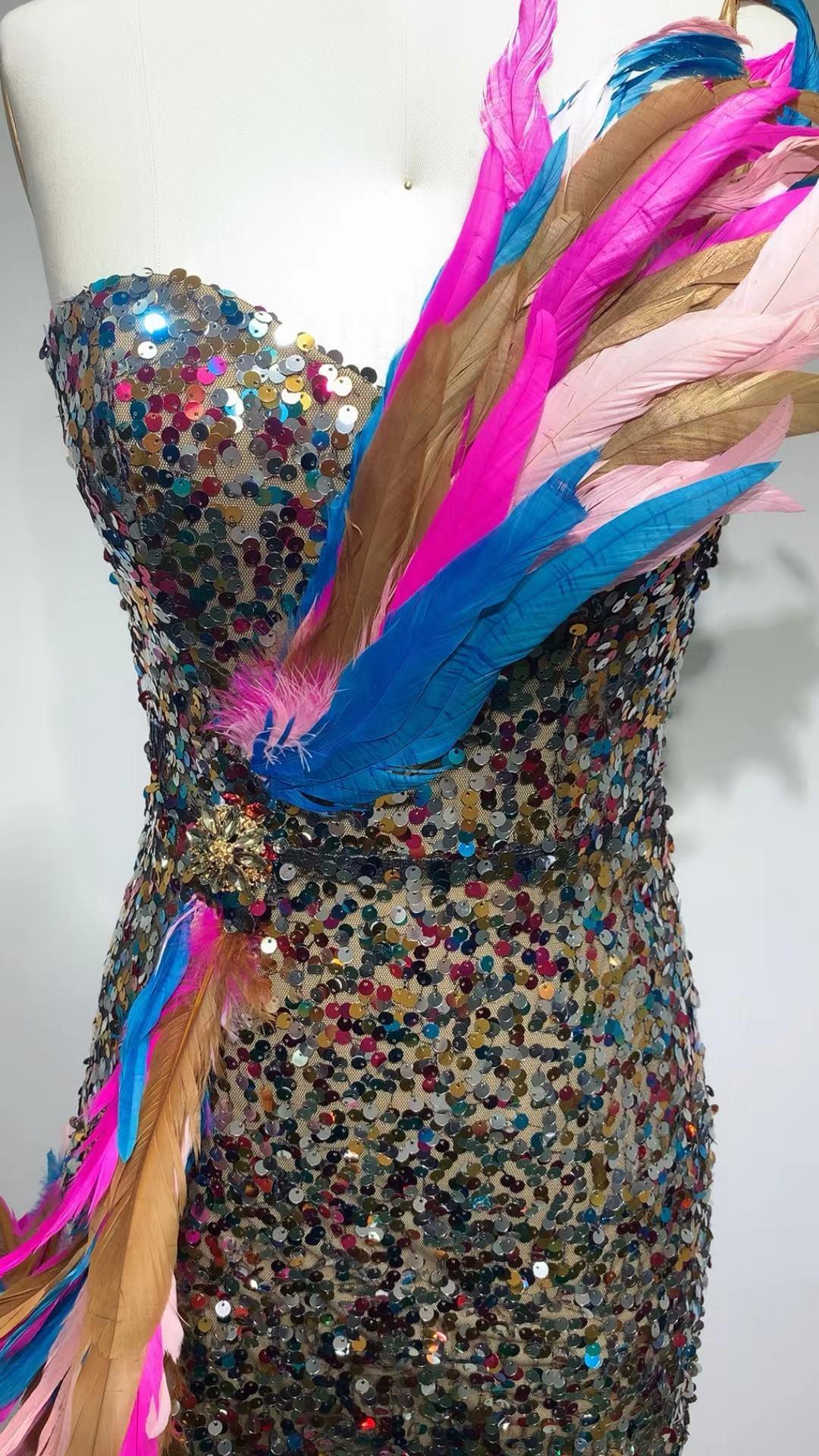 Arine Asymmetric Embellished Feather Trim Maxi Dress - Fashionpara