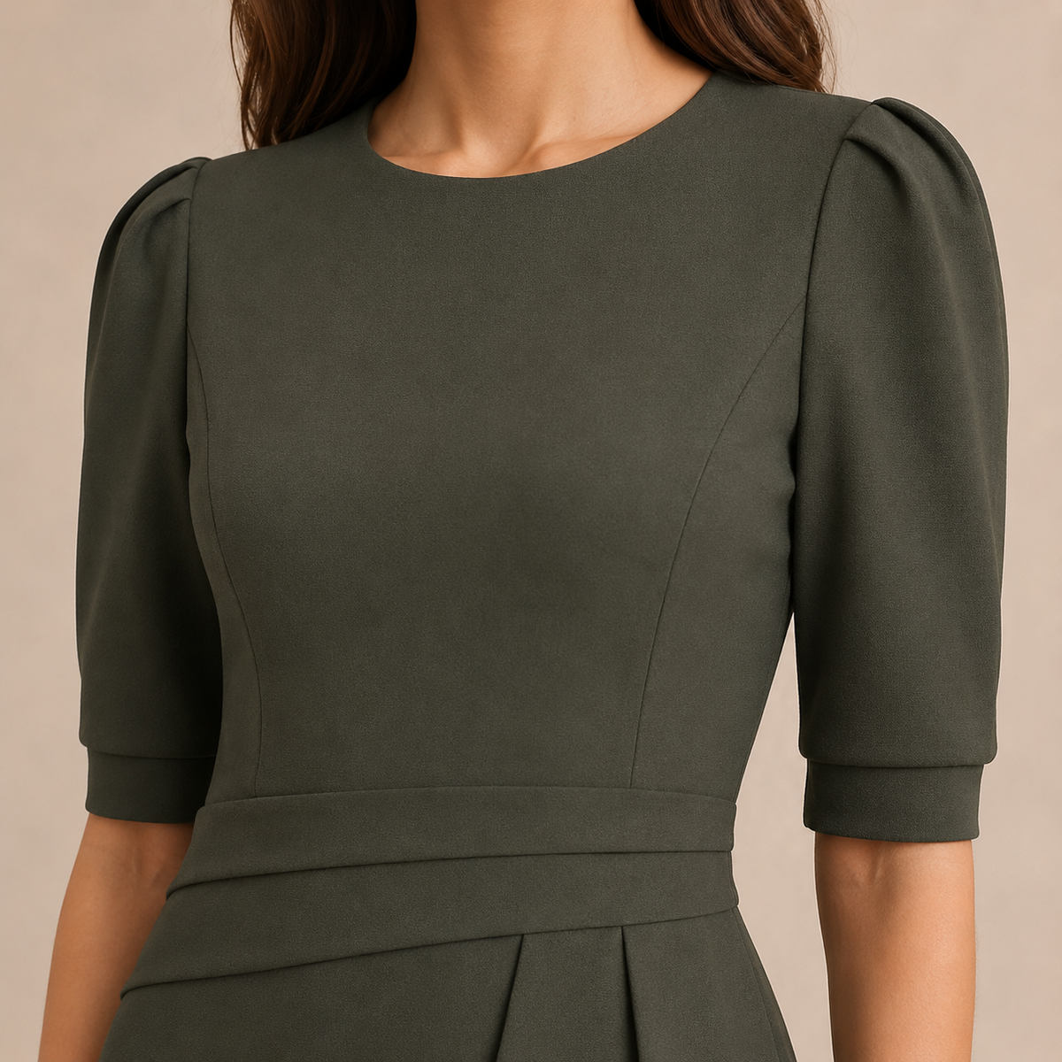 Round Neck Puff Sleeve Peplum Bodycon Midi Dress 5