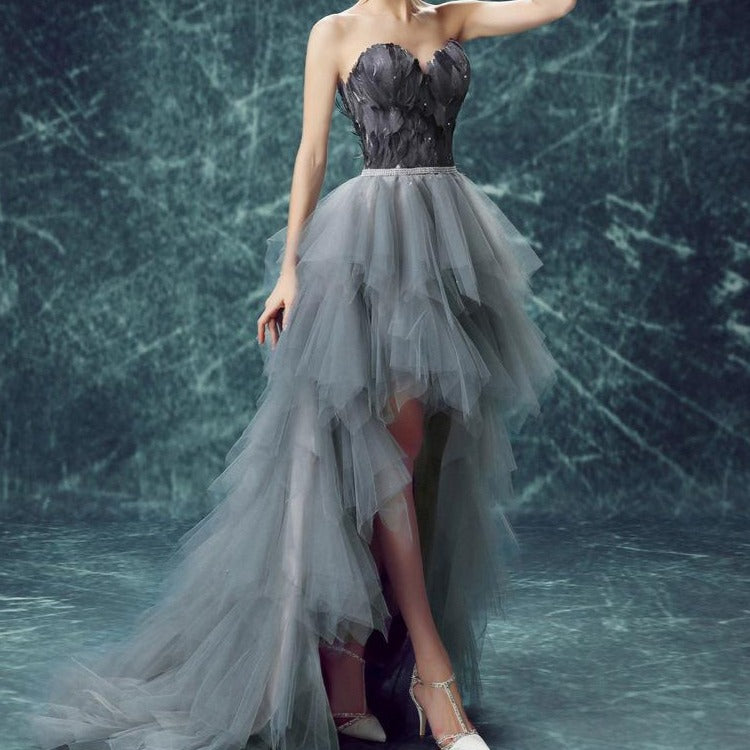 Arnia Strapless Feather Trim Asymmetric Chiffon Hem Dress - Fashionpara