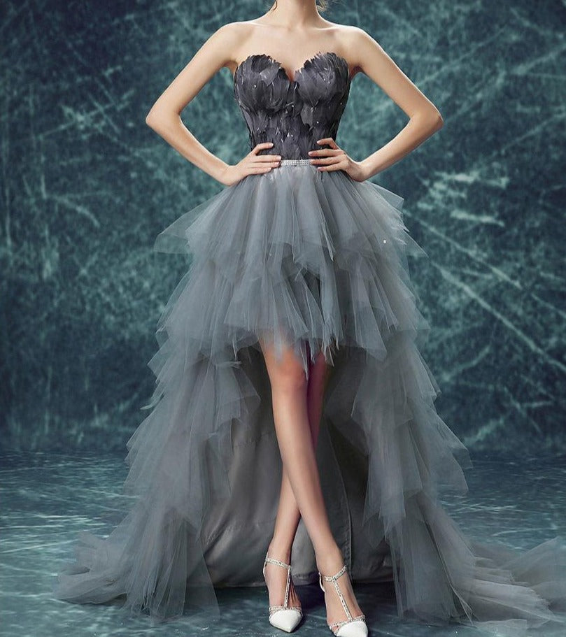 Arnia Strapless Feather Trim Asymmetric Chiffon Hem Dress - Fashionpara