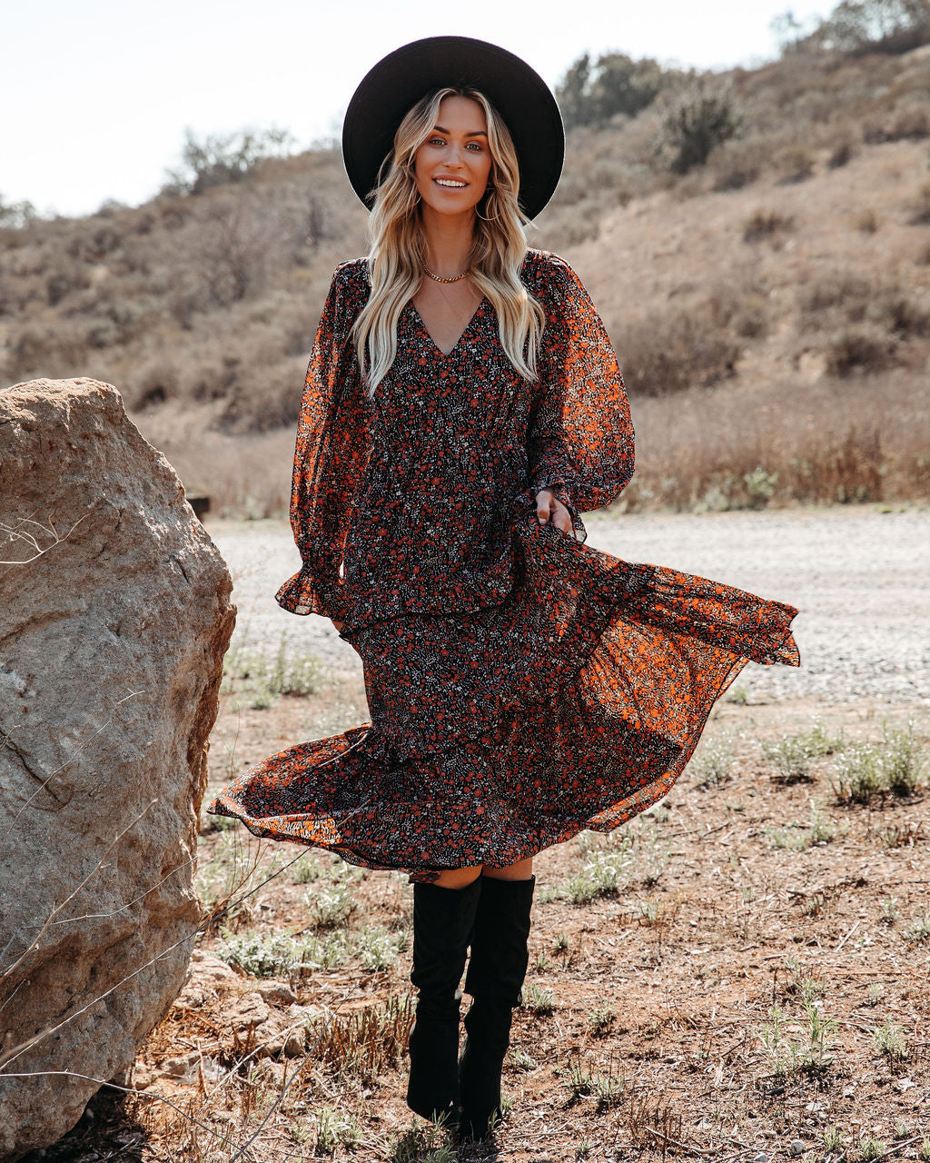 Ditsy Floral V-Neck Long Sleeve Tiered Maxi Dress