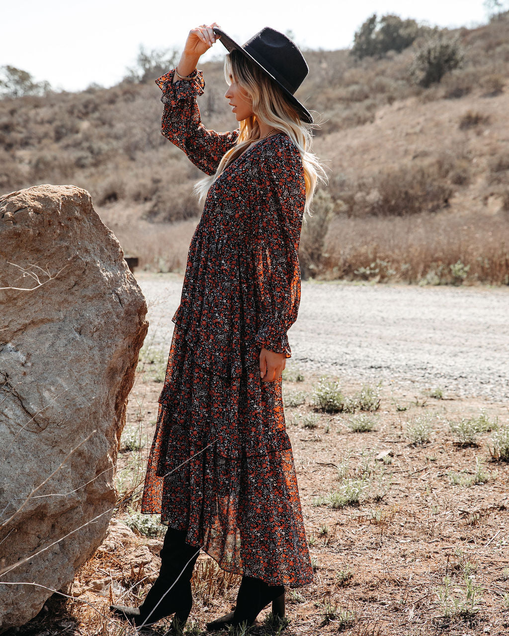 Ditsy Floral V-Neck Long Sleeve Tiered Maxi Dress