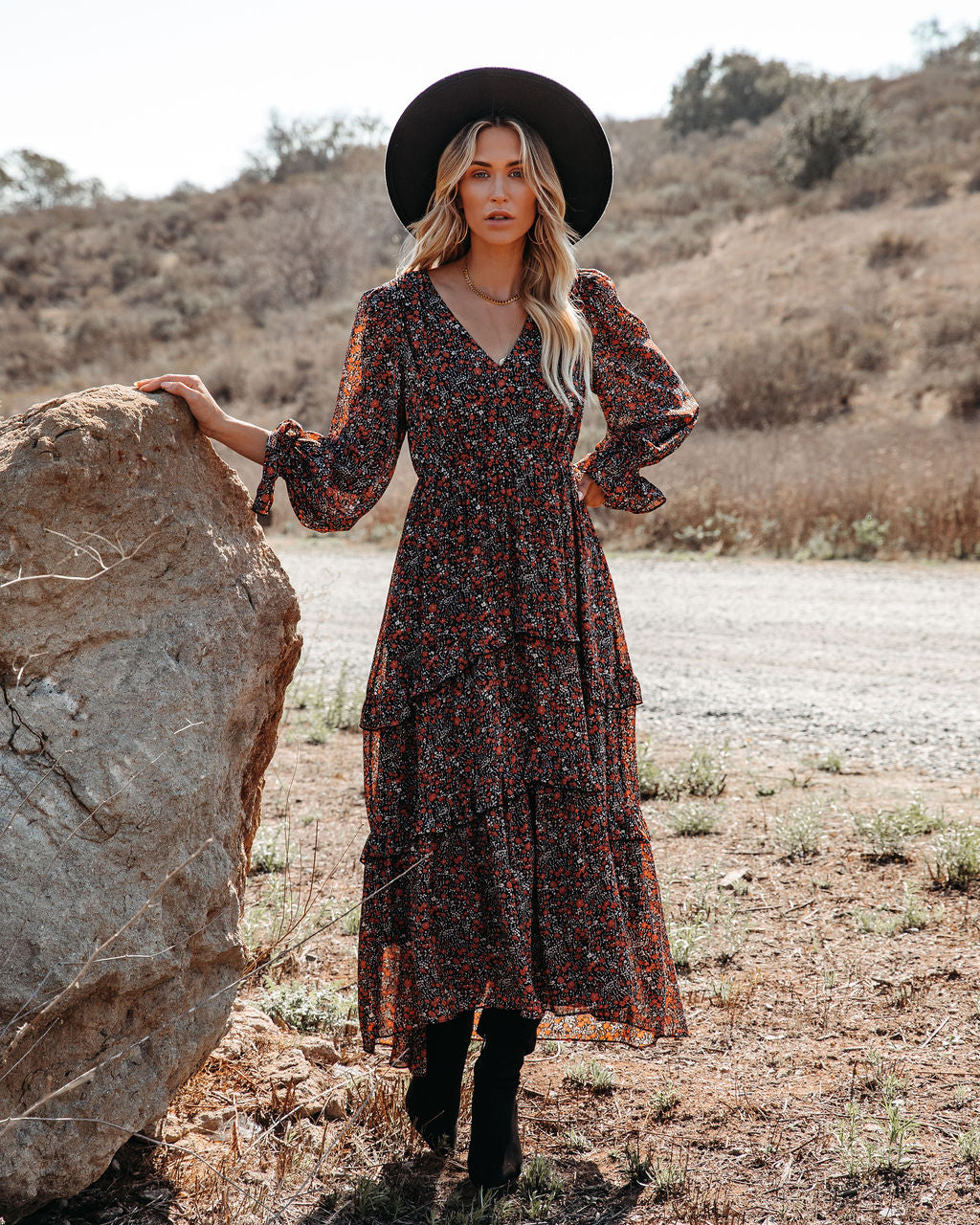 Ditsy Floral V-Neck Long Sleeve Tiered Maxi Dress