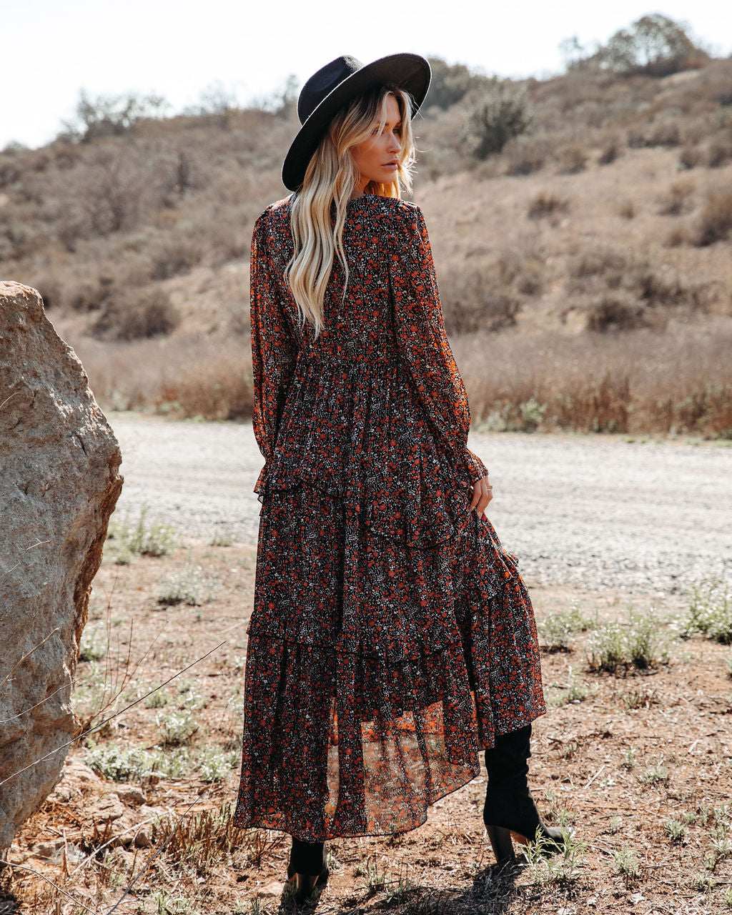 Ditsy Floral V-Neck Long Sleeve Tiered Maxi Dress